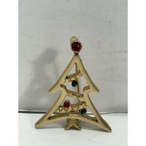 Vintage Rhinestone Xmas Christmas Tree Gold Metal Brooch Pin Signed‎ B.J.